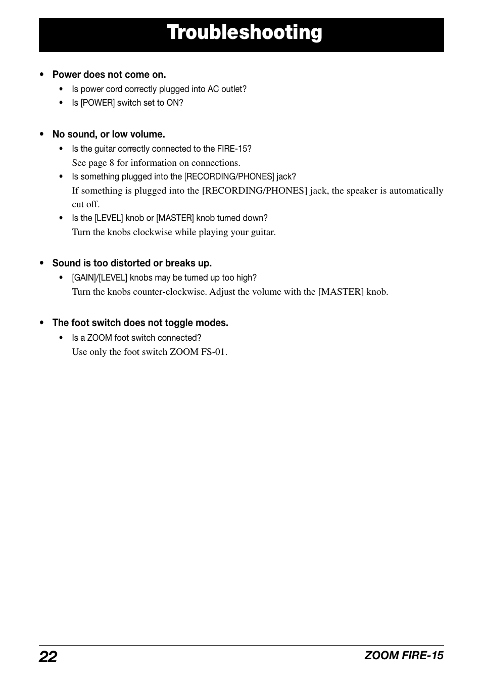 Troubleshooting | Zoom modeling amp FIRE-15 User Manual | Page 22 / 24