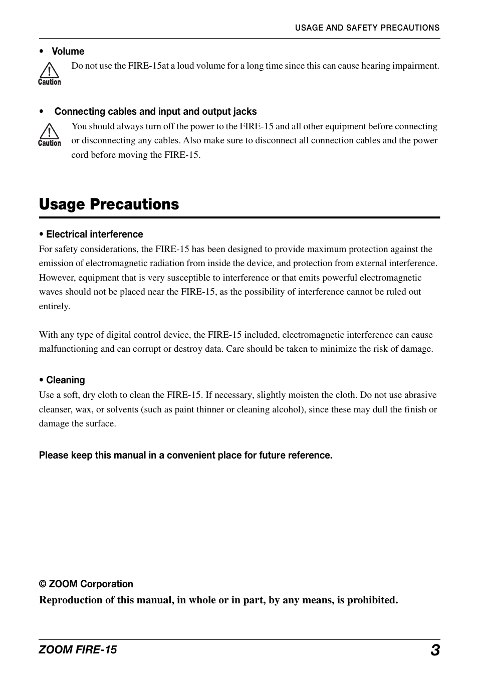 Usage precautions | Zoom modeling amp FIRE-15 User Manual | Page 3 / 24