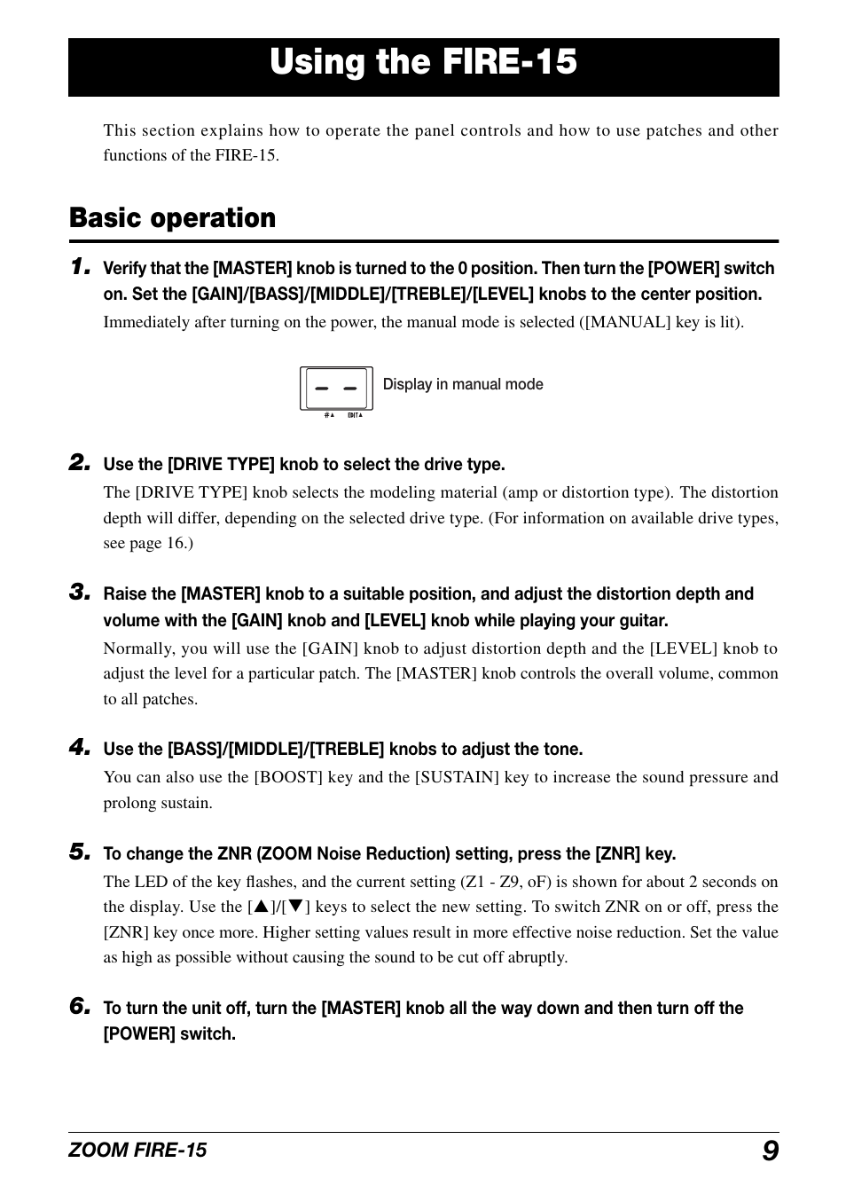 Using the fire-15, Basic operation | Zoom modeling amp FIRE-15 User Manual | Page 9 / 24