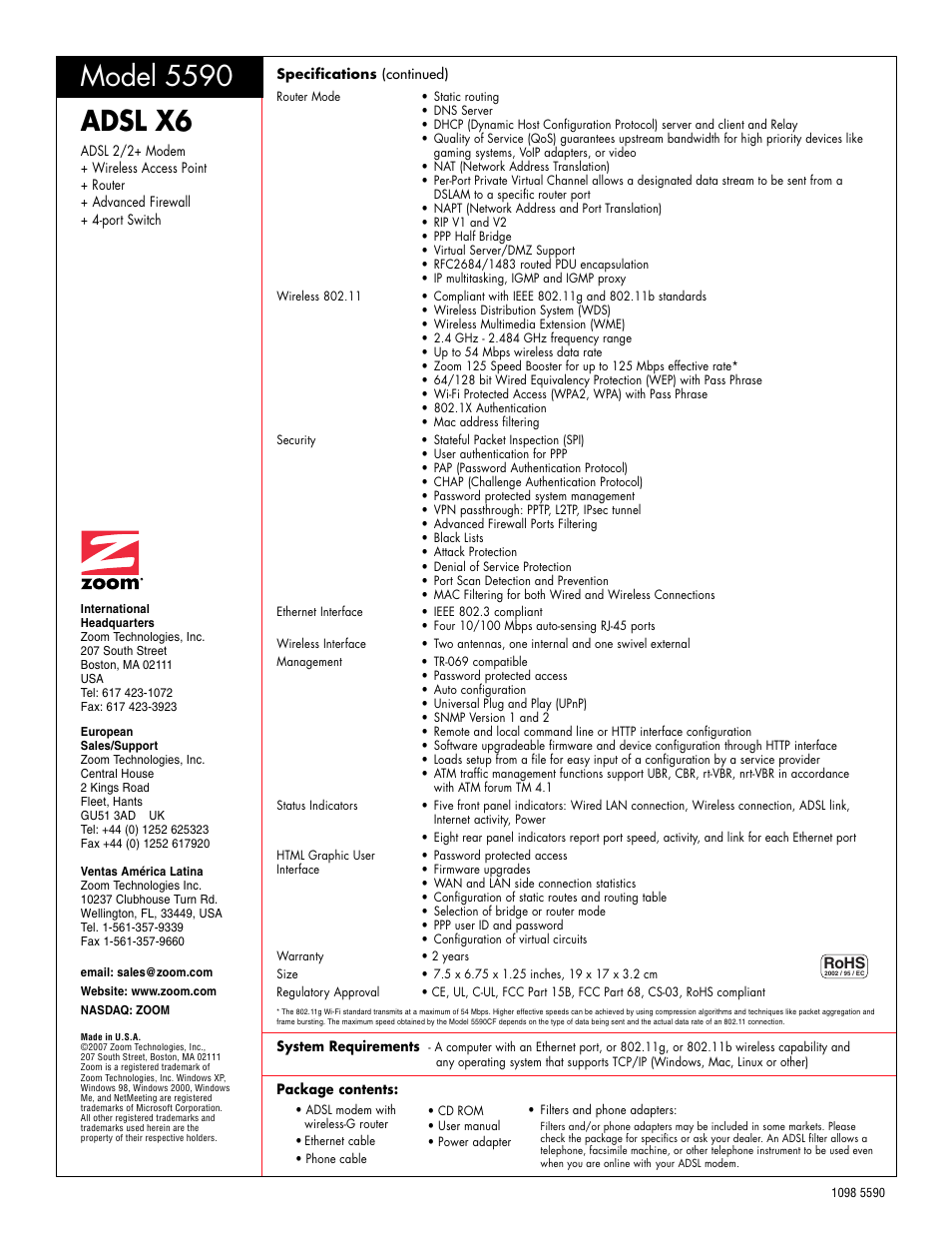 Adsl x6, Model 5590 | Zoom ADSL X6 5590 User Manual | Page 2 / 2