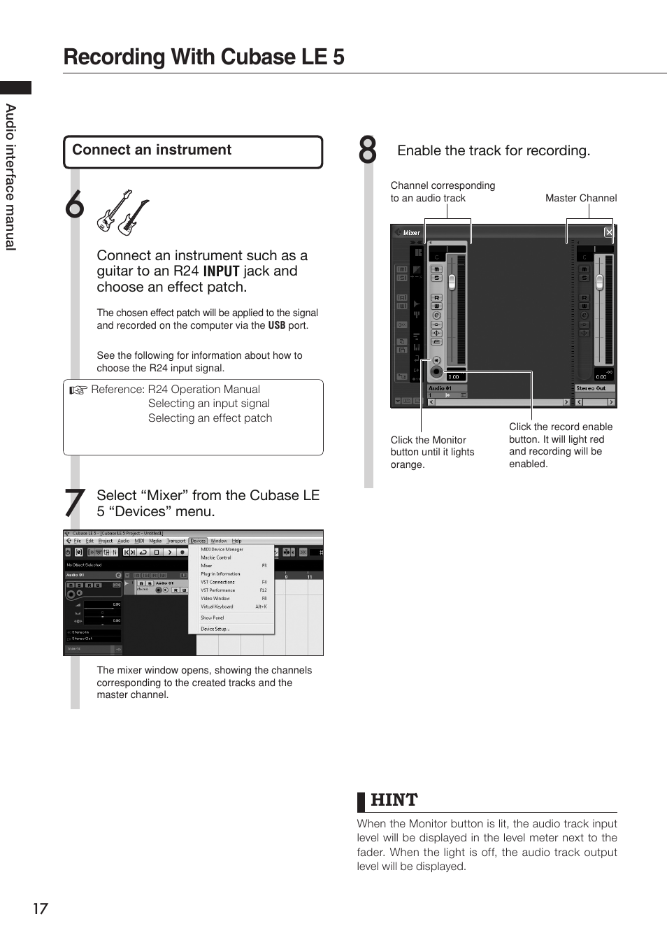 Recording with cubase le 5, Hint | Zoom R24 User Manual | Page 18 / 36