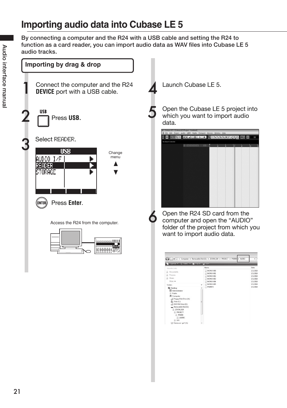 Importing audio data into cubase le 5 | Zoom R24 User Manual | Page 22 / 36