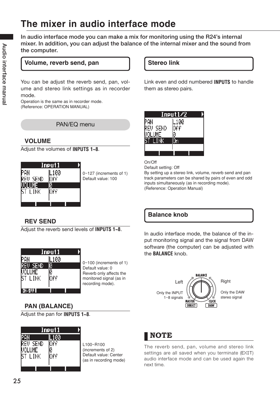 The mixer in audio interface mode | Zoom R24 User Manual | Page 26 / 36