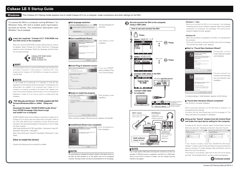 Cubase le 5, Startup guide, Windows | Audio i/f, Hint, Execute, How to install the driver | Zoom R24 User Manual | Page 35 / 36