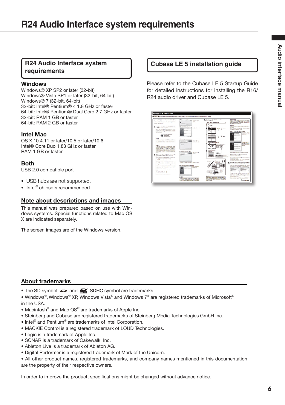 R24 audio interface system requirements, Au d io i nt er fa ce m an u al, Windows | Intel mac, Both, About trademarks | Zoom R24 User Manual | Page 7 / 36