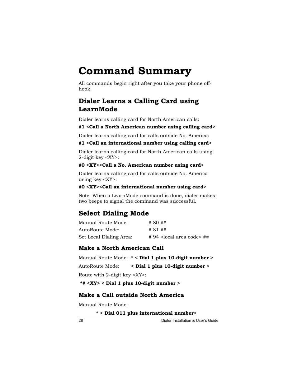 Dialer learns a calling card using learnmode, Select dialing mode, Make a north american call | Make a call outside north america, Command summary, Ialer, Earns a, Alling, Ard using, Earn | Zoom Dialer 26 User Manual | Page 28 / 32