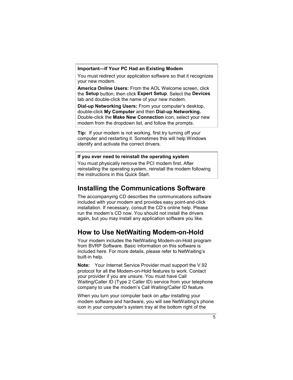 Installing the communications software, How to use netwaiting modem-on-hold | Zoom Series 1057 User Manual | Page 5 / 8