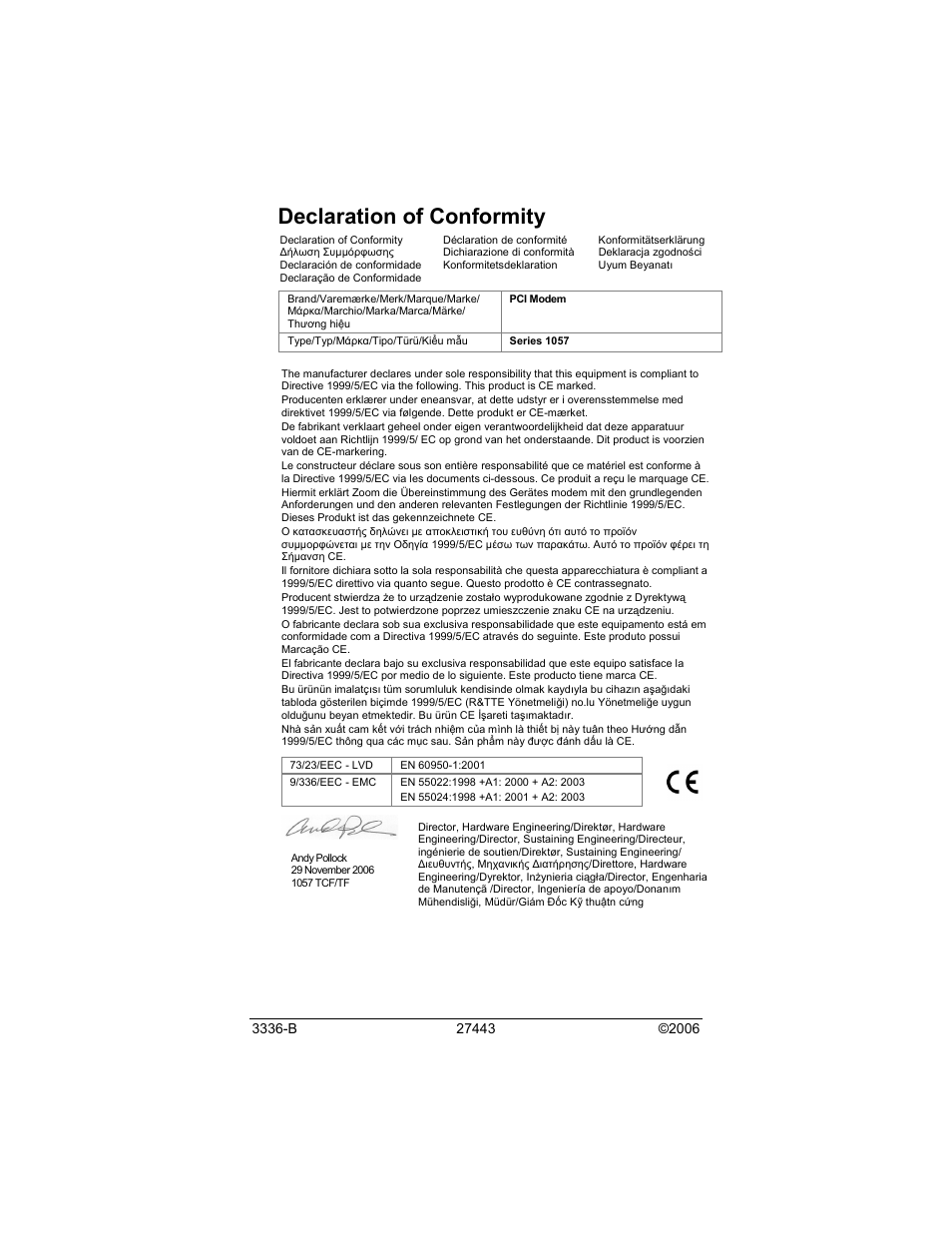 Declaration of conformity | Zoom Series 1057 User Manual | Page 8 / 8