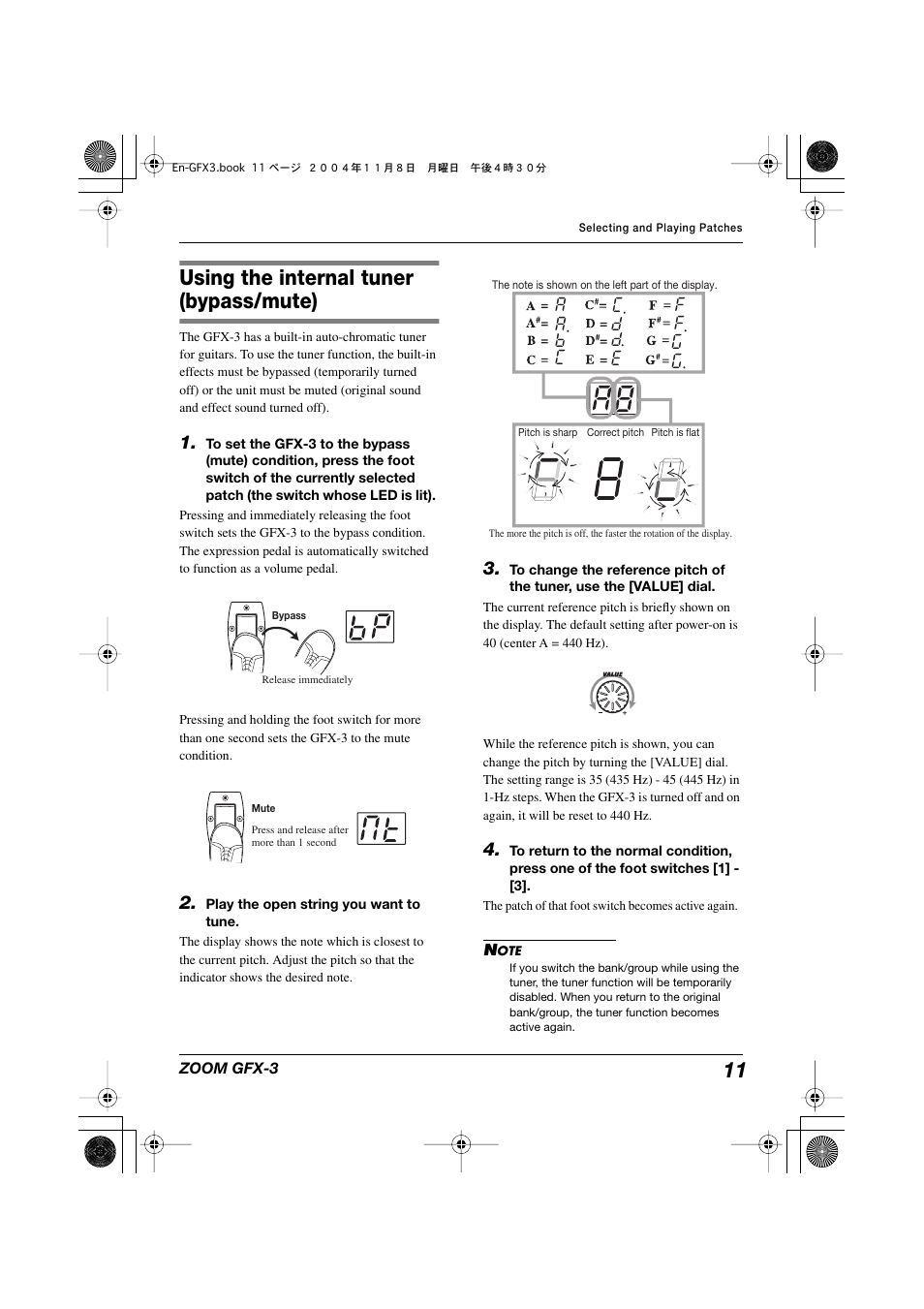 Using the internal tuner, Bypass/mute) | Zoom GFX-3 User Manual | Page 11 / 24