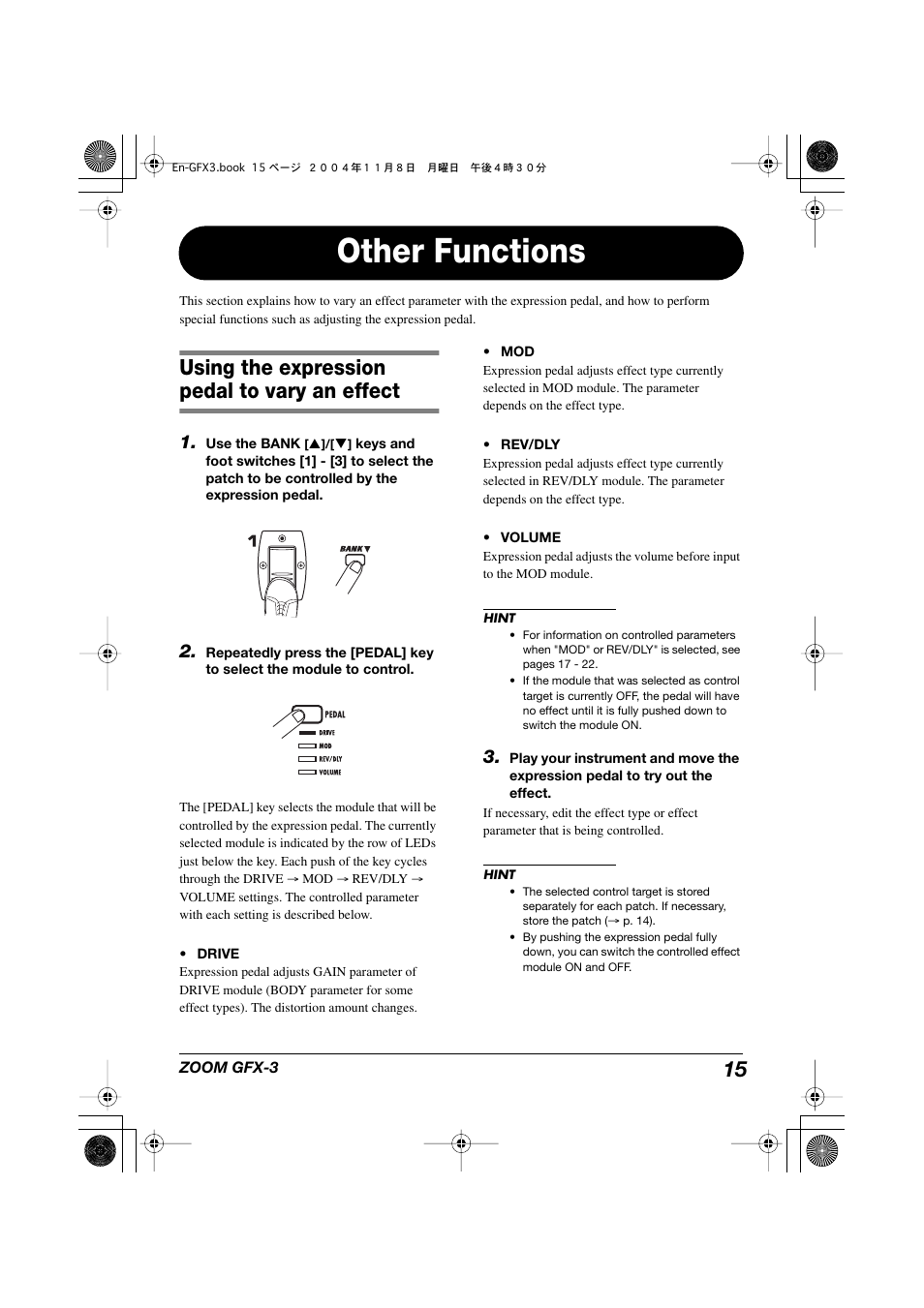 Other functions, Using the expression, Pedal to vary an effect | Zoom GFX-3 User Manual | Page 15 / 24