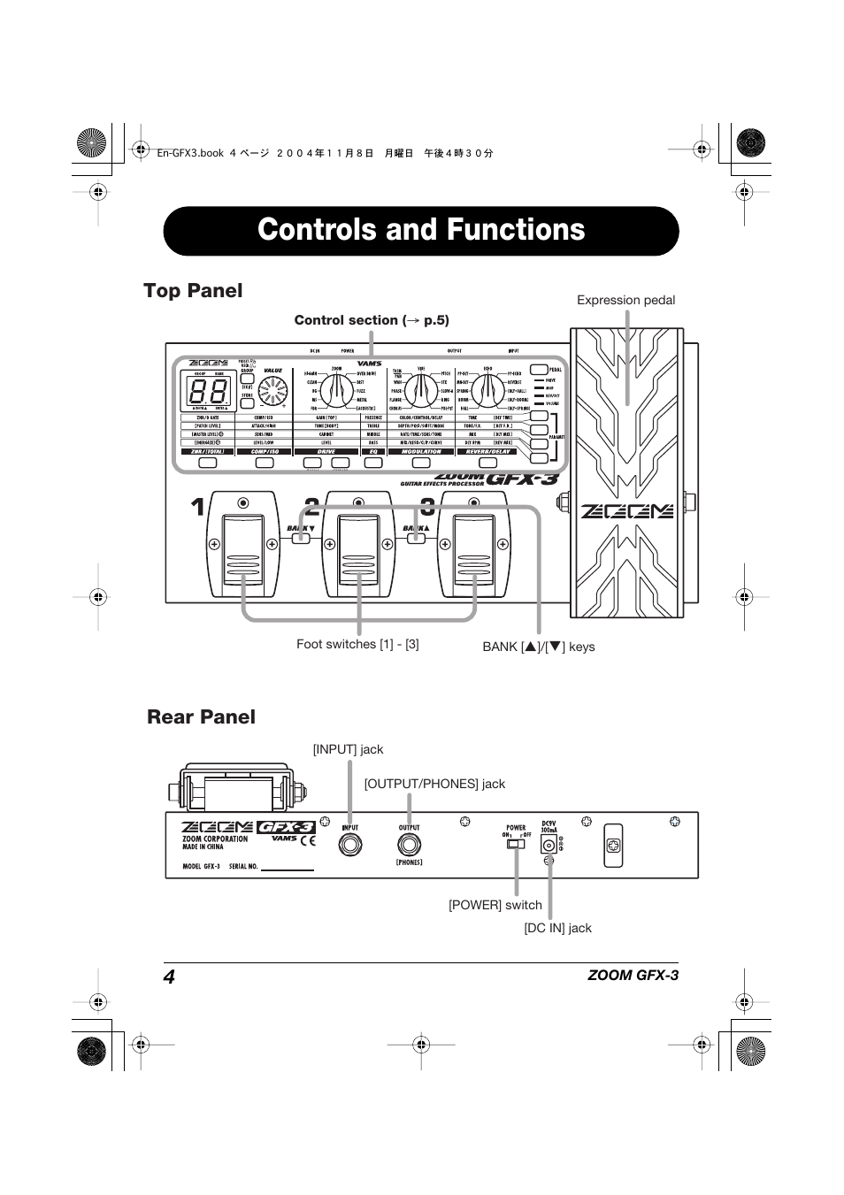 Controls and functions, Top panel rear panel | Zoom GFX-3 User Manual | Page 4 / 24