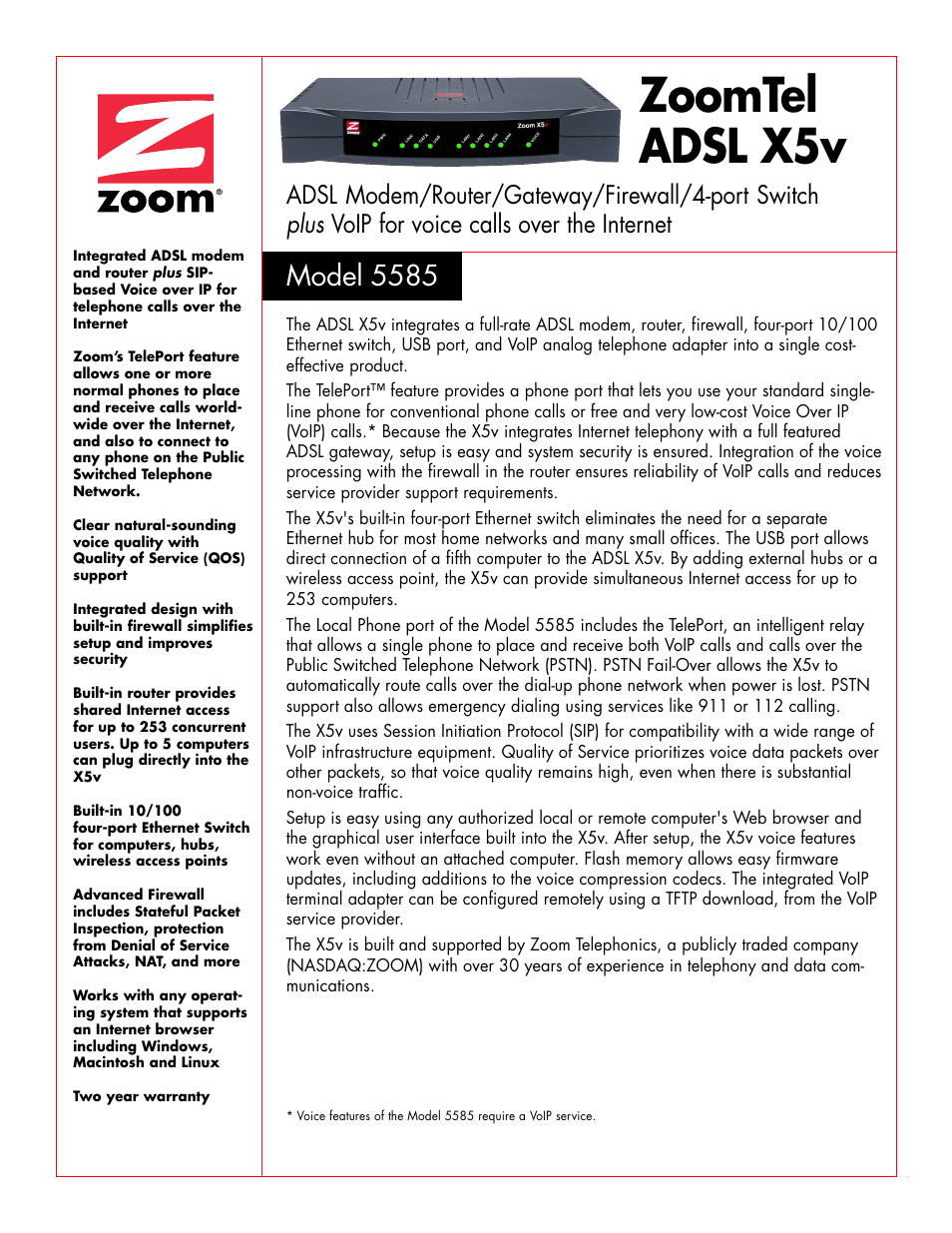 Zoom ADSL X5v 5585 User Manual | 2 pages