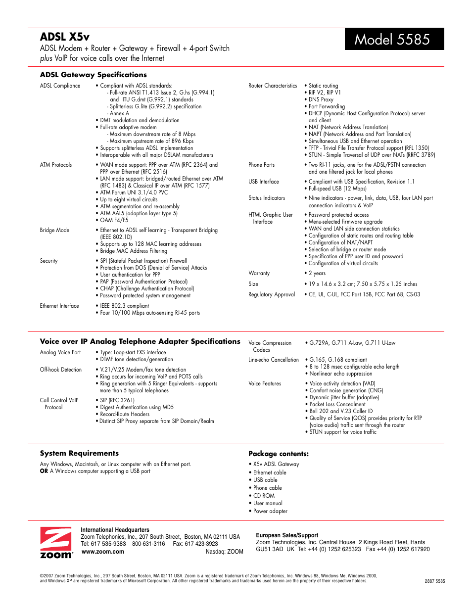 Model 5585, Adsl x5v | Zoom ADSL X5v 5585 User Manual | Page 2 / 2