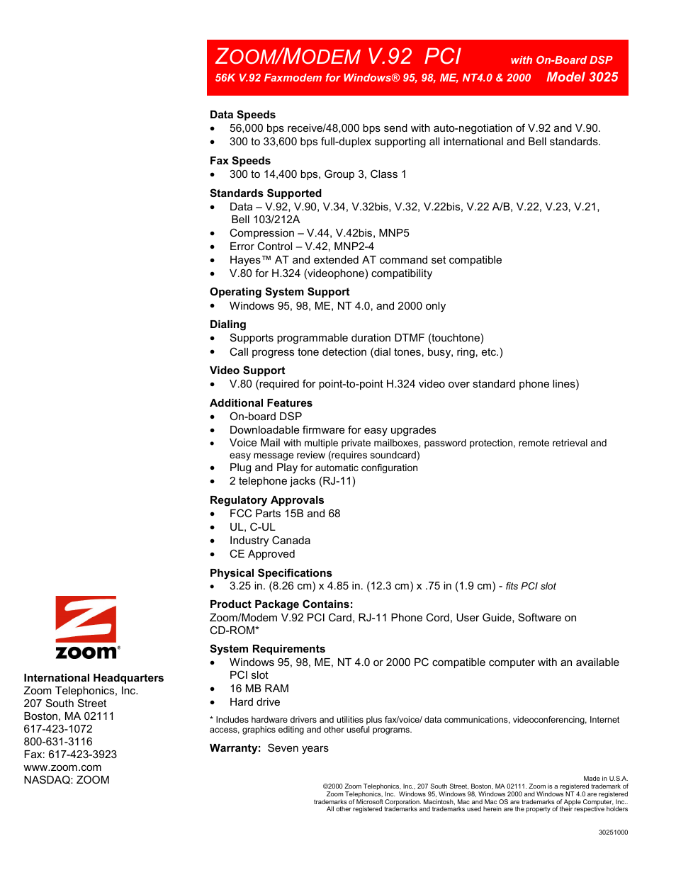 V.92 pci, Odem | Zoom 3025 User Manual | Page 2 / 2