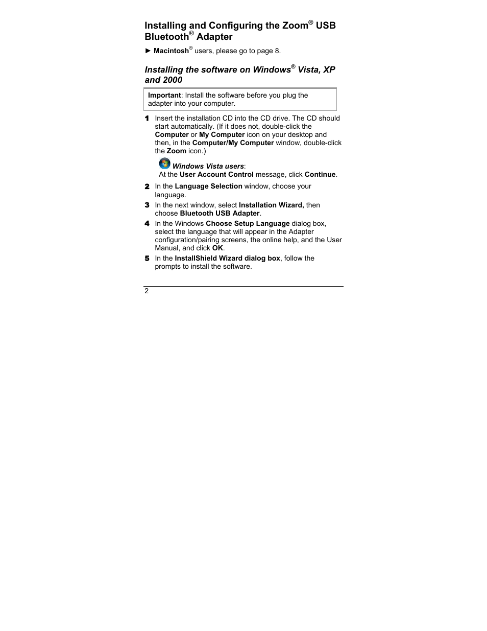 Installing and configuring the zoom, Usb bluetooth, Adapter | Zoom 4311F User Manual | Page 2 / 24