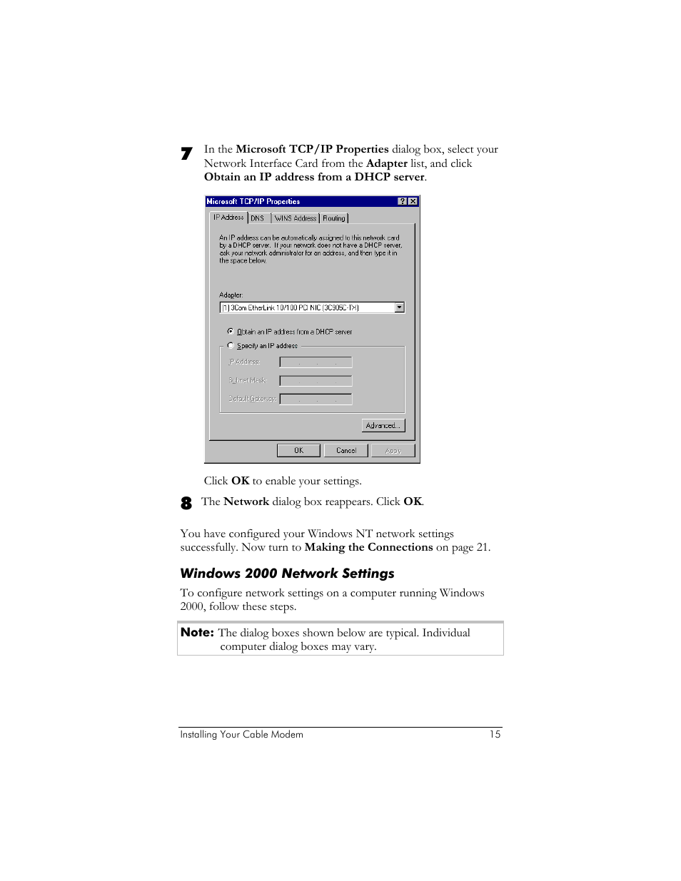 Windows 2000 network settings | Zoom 10BaseT User Manual | Page 19 / 40