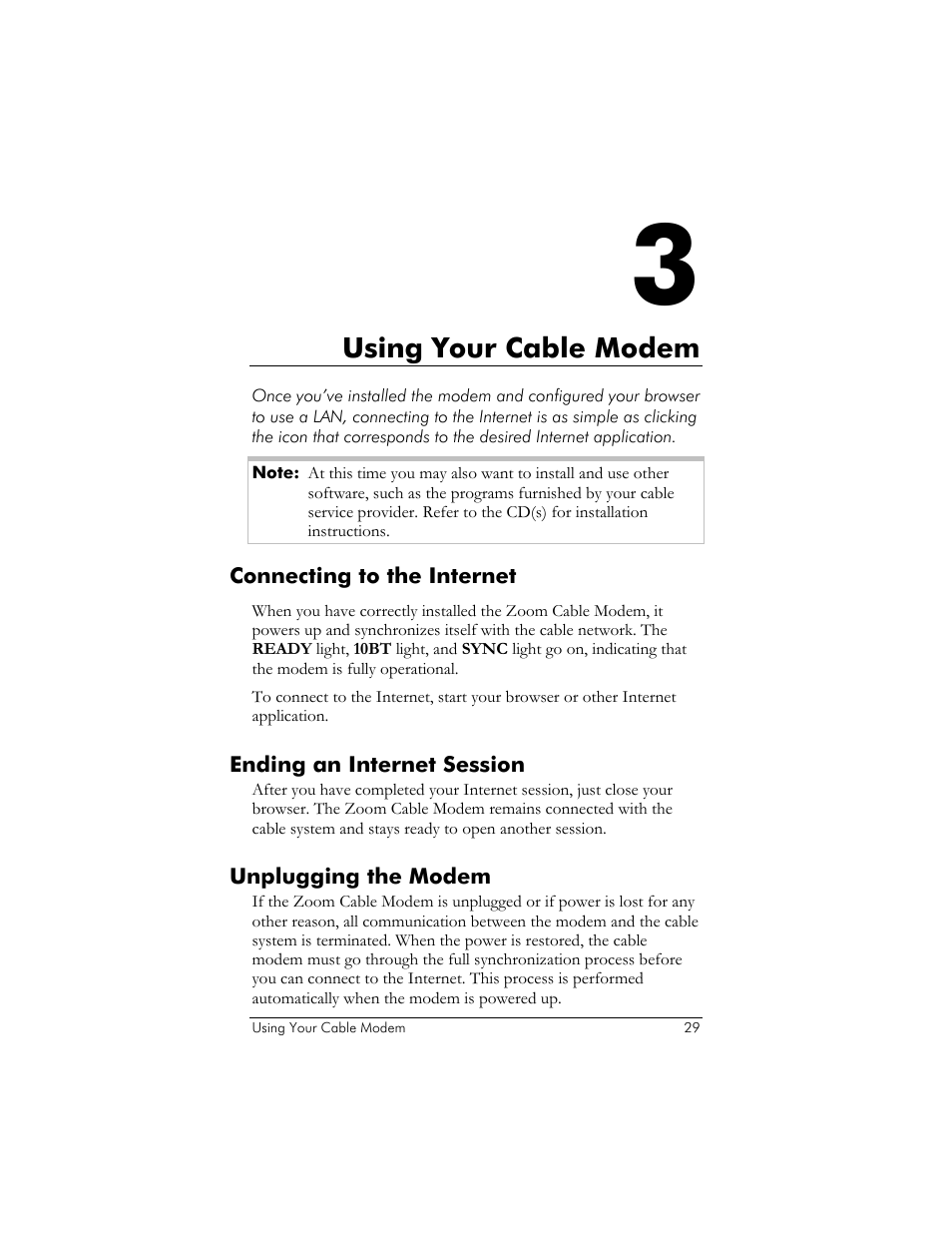 Connecting to the internet, Ending an internet session, Unplugging the modem | Sing, Able, Odem, Onnecting to the, Nternet, Nding an, Ession | Zoom 10BaseT User Manual | Page 33 / 40