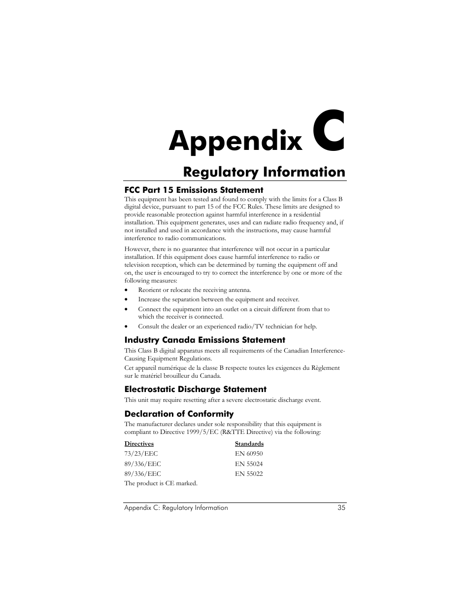 Fcc part 15 emissions statement, Industry canada emissions statement, Electrostatic discharge statement | Declaration of conformity, Egulatory, Nformation, Appendix, Regulatory information | Zoom 10BaseT User Manual | Page 39 / 40