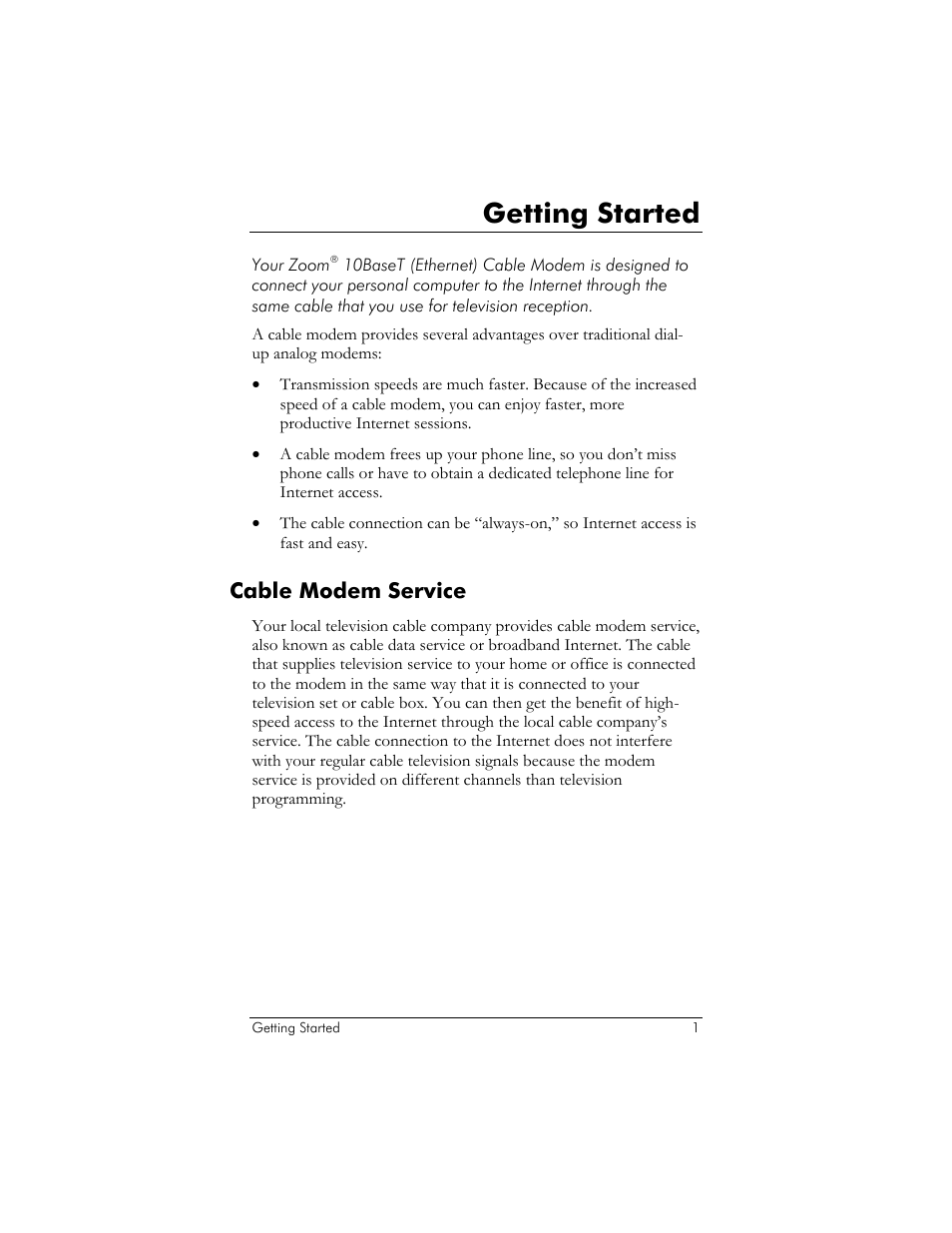 Cable modem service, Etting, Tarted | Able, Odem, Ervice, Getting started | Zoom 10BaseT User Manual | Page 5 / 40