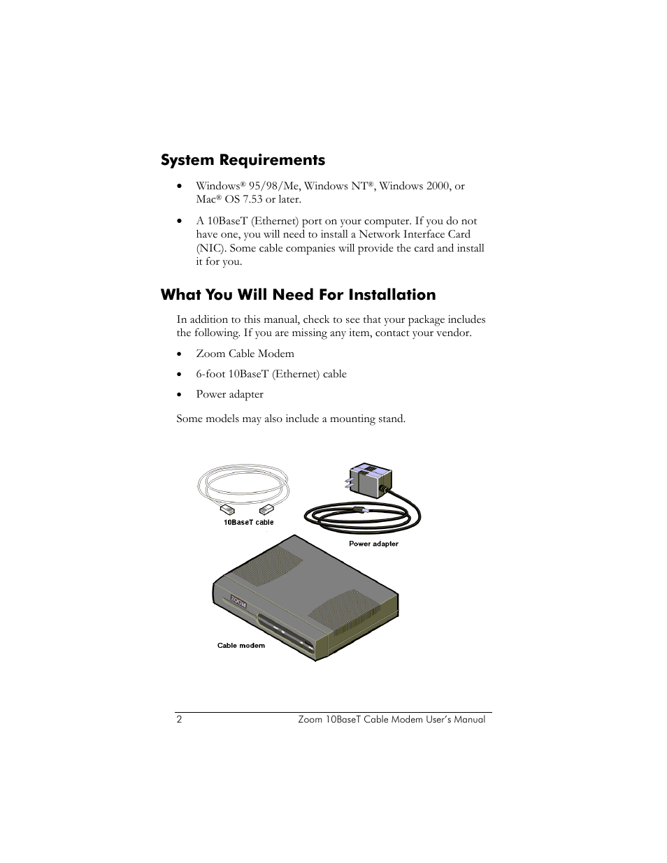 System requirements, What you will need for installation, Ystem | Equirements, Nstallation | Zoom 10BaseT User Manual | Page 6 / 40