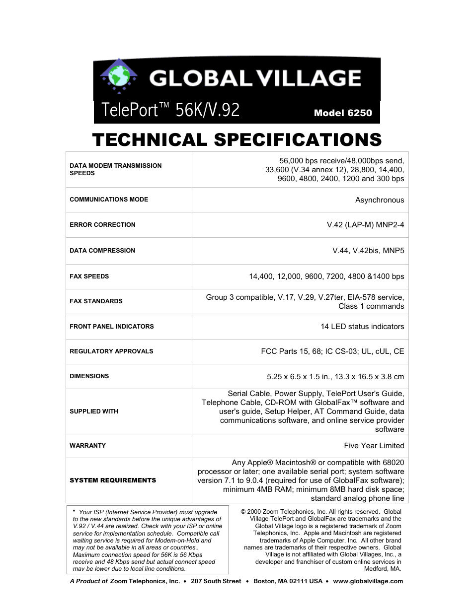 Teleport, 56k/v.92, Technical specifications | Zoom TELEPORT 6250 User Manual | Page 2 / 2