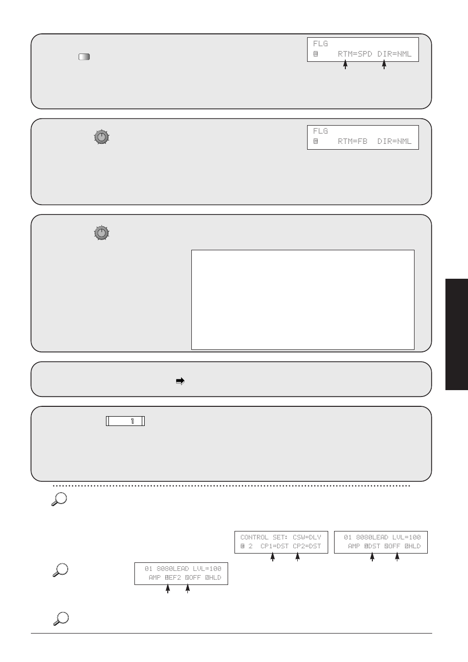 Press the once to display the rtm parameter, Use 4 to select the direction for the "rtd=" item, If desired, store the patch | Operate while playing the instrument, Flg é rtm=spd dir=nml flg é rtm=fb dir=nml | Zoom 8080 User Manual | Page 26 / 71