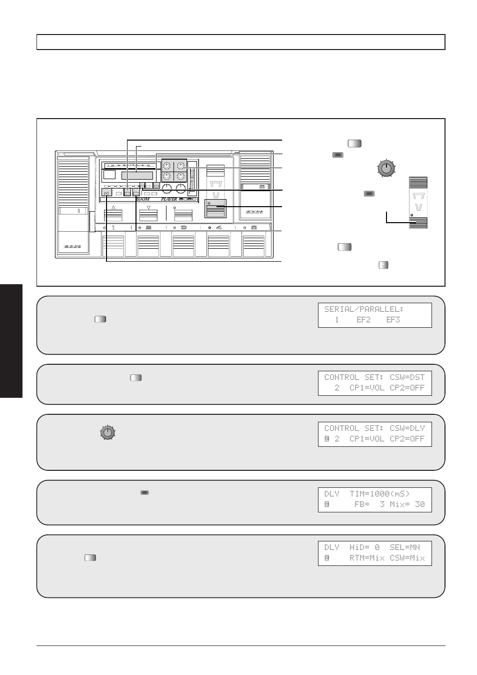 Tapping input of delay time, Press the once, Use 2 to set the csw parameter to "dly | Press the dly to select the delay module, Dly hid= 0 sel=mn é rtm=mix csw=mix, 28 advanced operation | Zoom 8080 User Manual | Page 29 / 71
