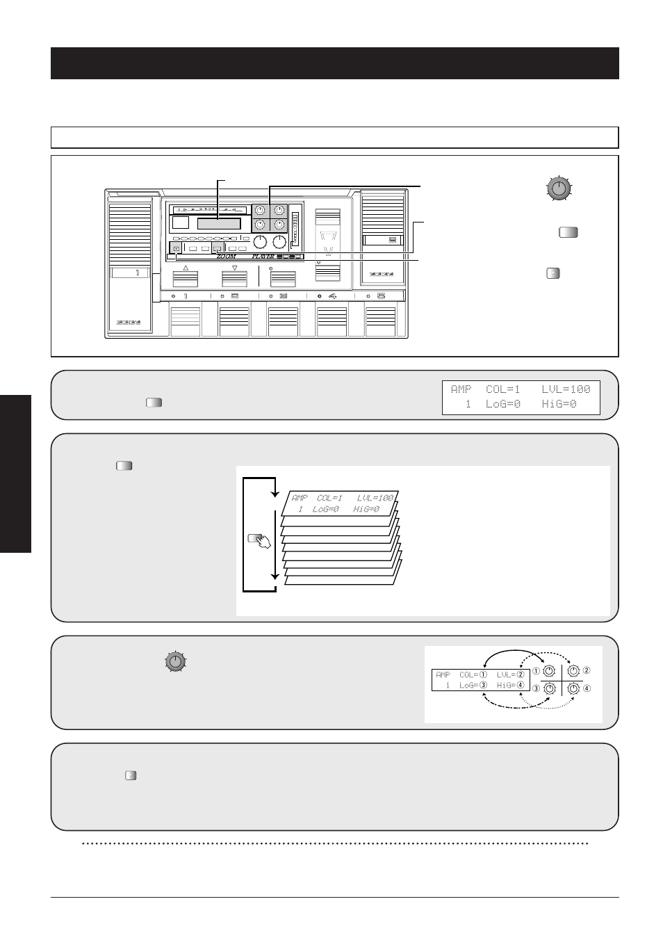 Utility mode, Switching between utility mode and play mode, Use the 1-4 to change settings | Press the twice in succession, 32 advanced operation, The 8080 enters the utility mode, The utility mode has nine pages, Utility mode pages, Amp col= lvl= 1 log= hig | Zoom 8080 User Manual | Page 33 / 71
