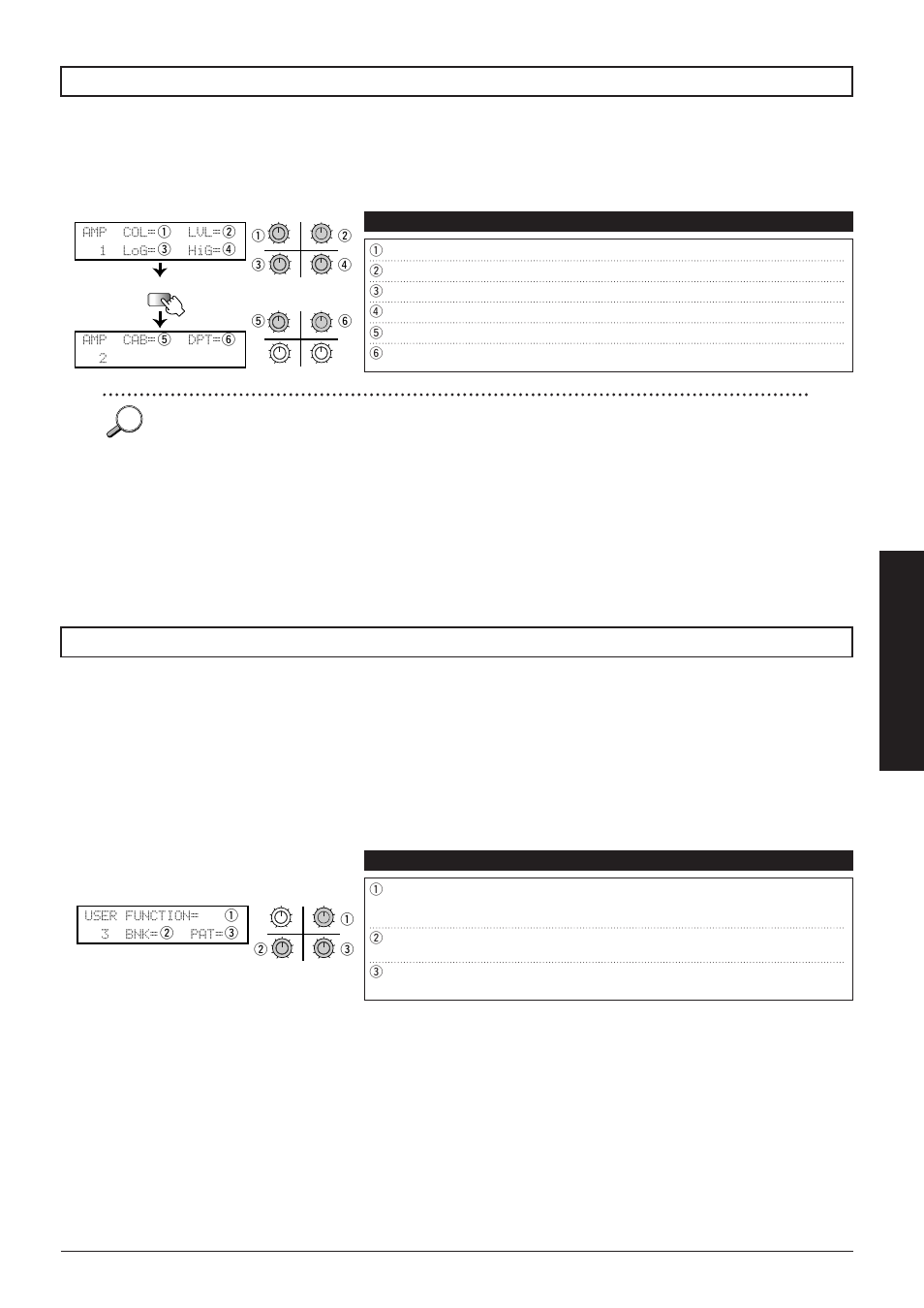 Amp col= lvl= 1 log= hig= amp cab= dpt= 2, User function= 3 bnk= pat, Switch between play mode and manual mode. • preset | Zoom 8080 User Manual | Page 34 / 71