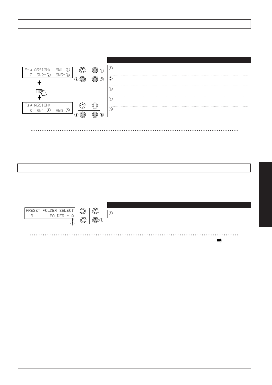 Foot switch settings: pages 7, 8, Switching preset groups a/b/c: page 9, Fsw assign: sw1= 7 sw2= sw3 | Fsw assign: 8 sw4= sw5, Preset folder select 9 folder = a, Advanced operation | Zoom 8080 User Manual | Page 36 / 71