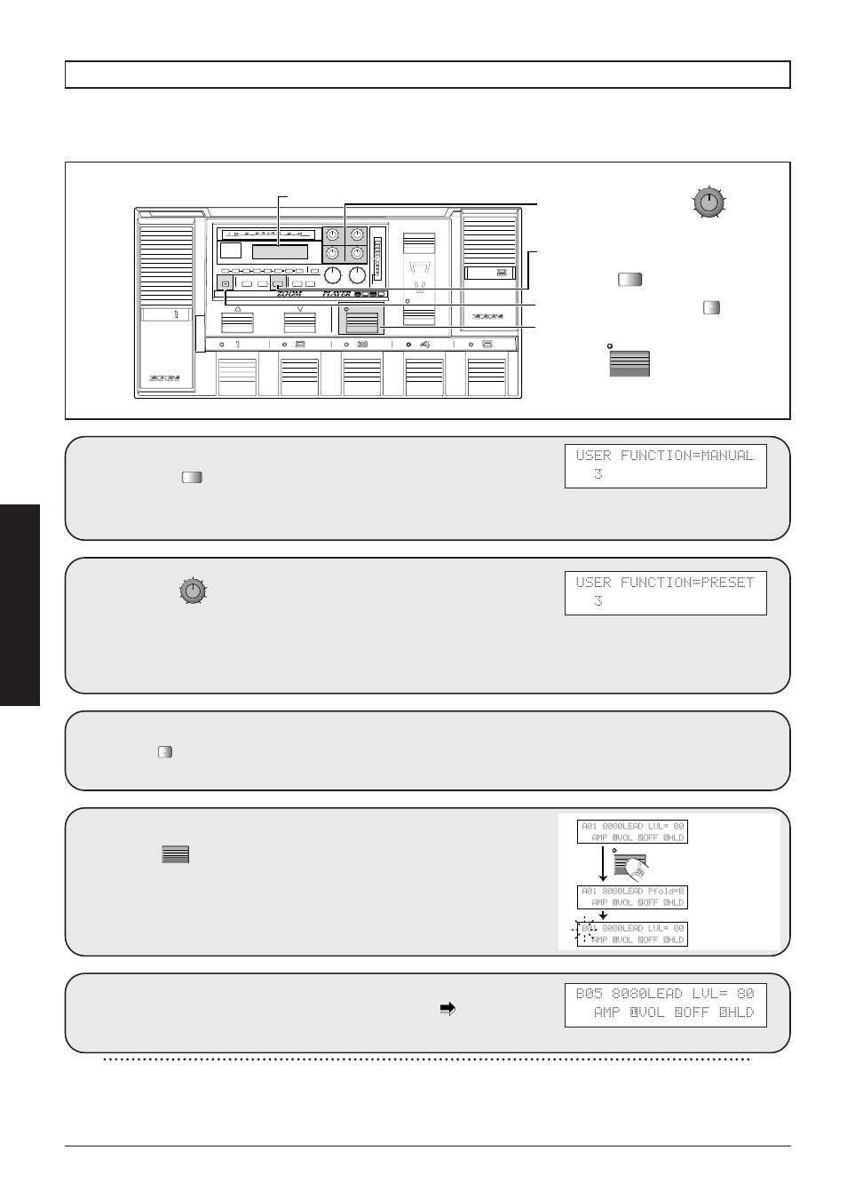 Use 2 to set the "user function=" item to "preset, Press the two times, Select a patch from the new preset group | 40 advanced operation | Zoom 8080 User Manual | Page 41 / 71