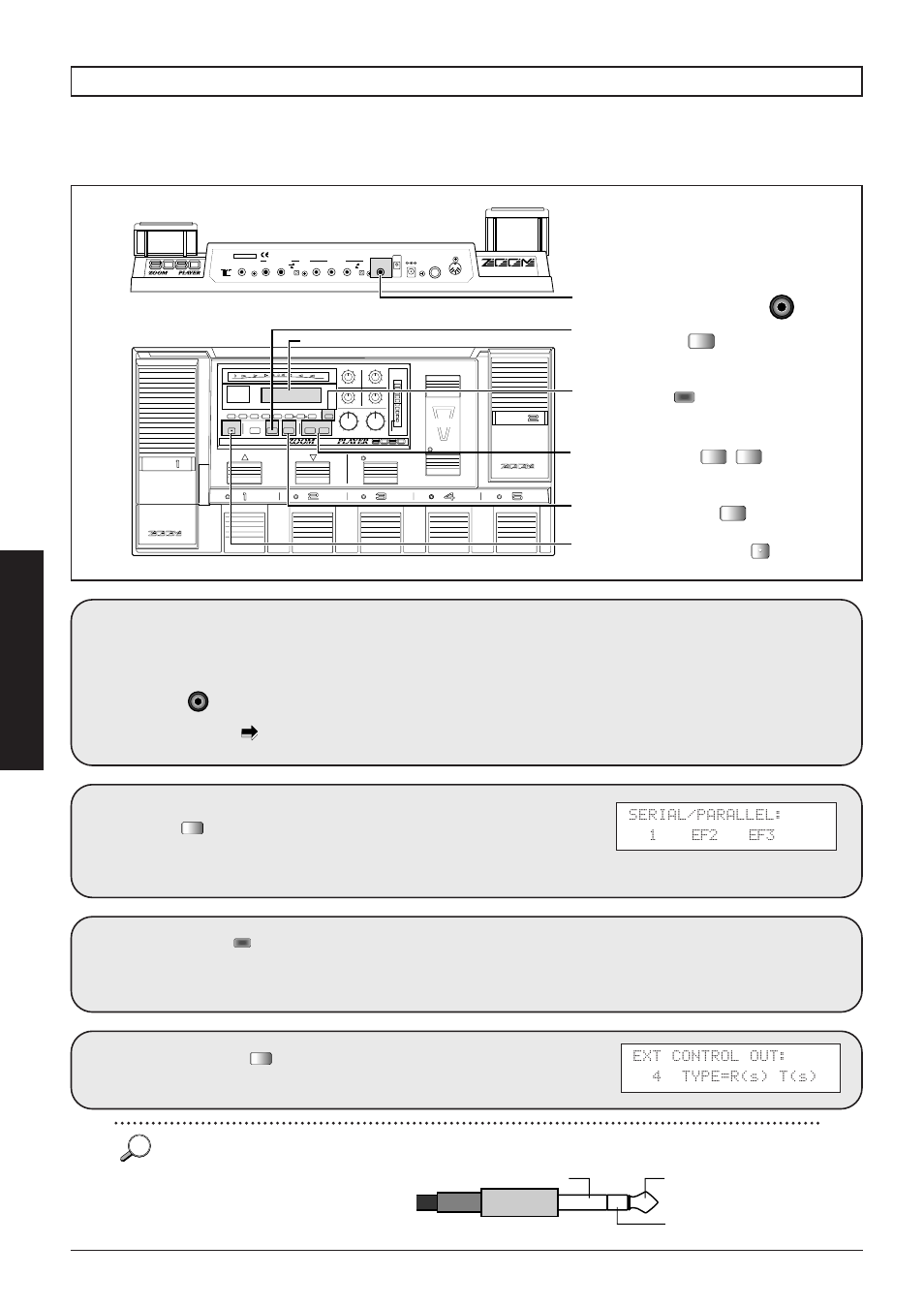 Controlling an external amplifier, Press the three times, Press the to select the total module | Serial/parallel: 1 ef2 ef3, Ext control out: 4 type=r(s) t(s), 42 advanced operation, Stereo phone plug | Zoom 8080 User Manual | Page 43 / 71