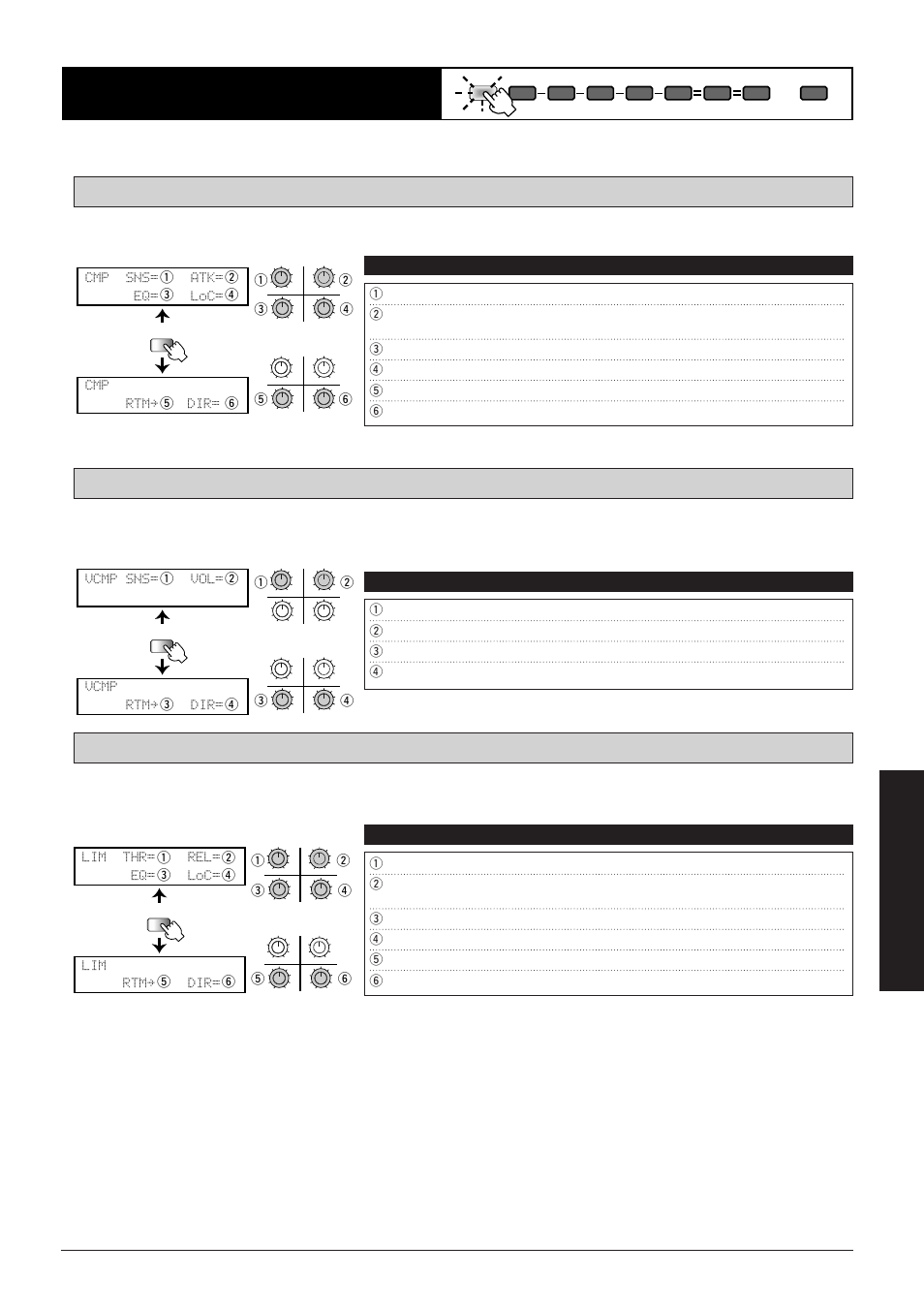 Cmp (compressor) module, Cmp sns= atk= eq= loc= cmp rtmå dir, Lim thr= rel= eq= loc= lim rtmå dir | Vcmp sns= vol= vcmp rtmå dir, Effect types and parameters, Parameters comment values | Zoom 8080 User Manual | Page 48 / 71