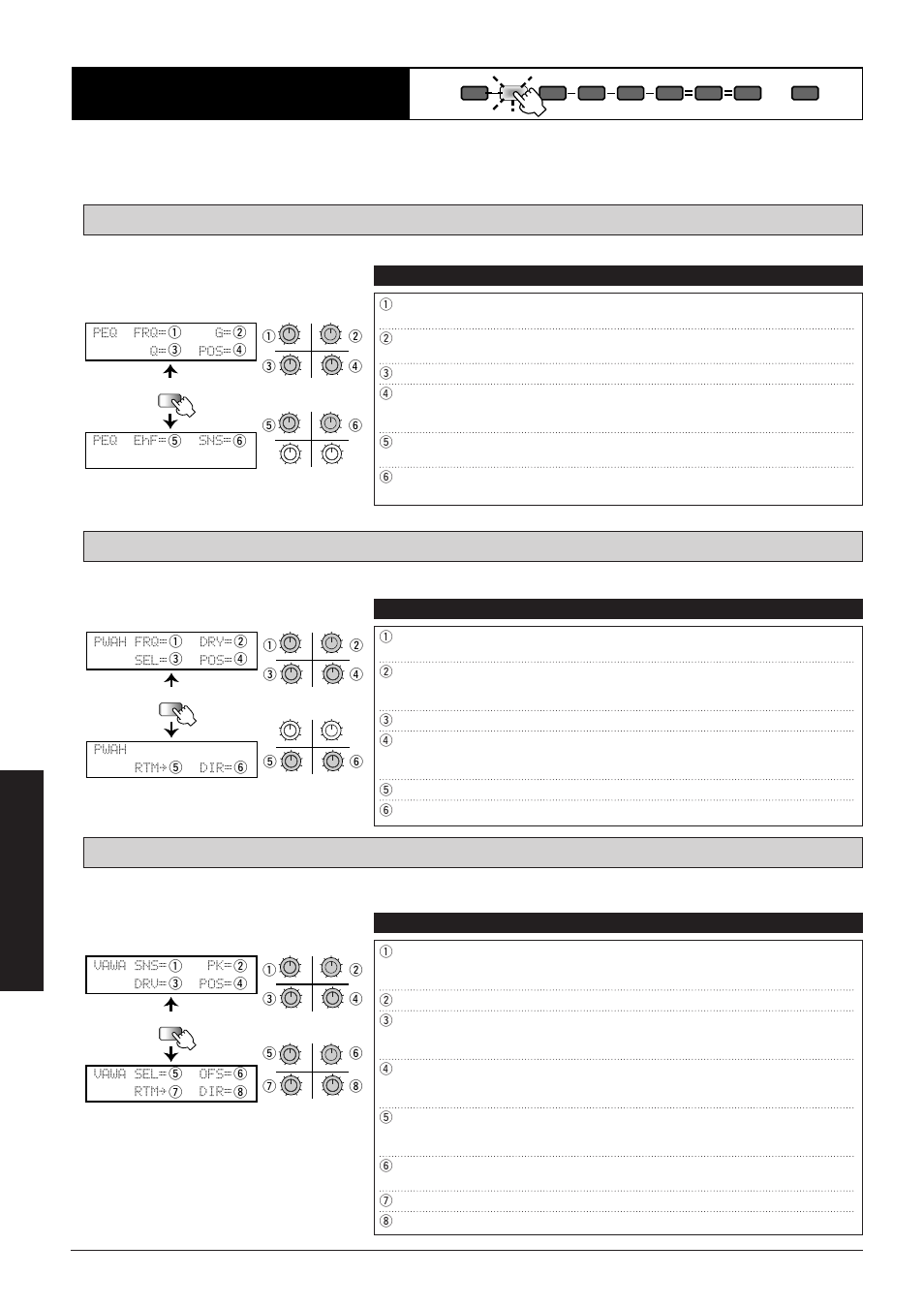 Eff1 module, Peq frq= g= q= pos= peq ehf= sns, Pwah frq= dry= sel= pos= pwah rtmå dir | Vawa sns= pk= drv= pos= vawa sel= ofs= rtmå dir, Effect types and parameters, Parameters comment values | Zoom 8080 User Manual | Page 49 / 71
