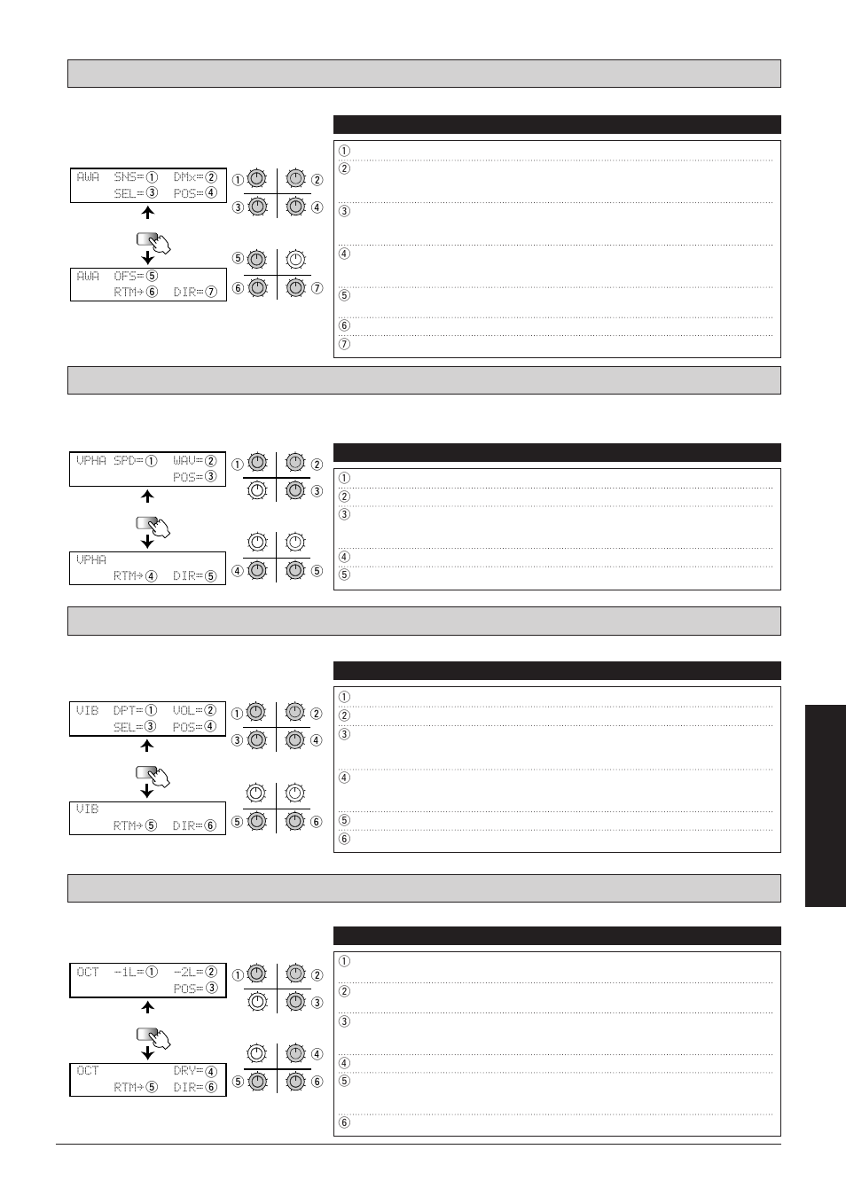 Awa sns= dmx= sel= pos= awa ofs= rtmå dir, Vpha spd= wav= pos= vpha rtmå dir, Vib dpt= vol= sel= pos= vib rtmå dir | Oct -1l= -2l= pos= oct dry= rtmå dir, Effect types and parameters, Parameters comment values | Zoom 8080 User Manual | Page 50 / 71