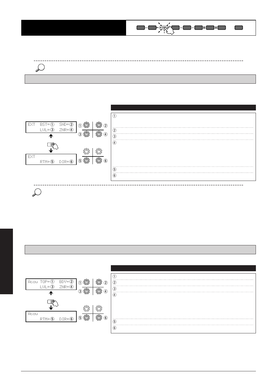 Dist (distortion) module, Acou: acoustic ext: external dist (distortion), Ext bst= snd= lvl= znr= ext rtmå dir | Acou top= bdy= lvl= znr= acou rtmå dir, Effect types and parameters | Zoom 8080 User Manual | Page 51 / 71