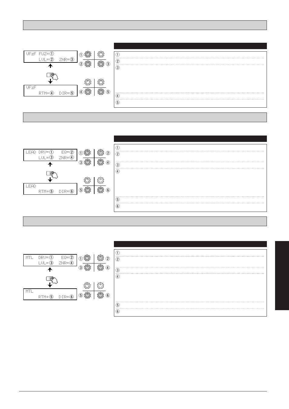 Vfzf fuz= lvl= znr= vfzf rtmå dir, Lead drv= eq= lvl= znr= lead rtmå dir, Mtl drv= eq= lvl= znr= mtl rtmå dir | Effect types and parameters, Parameters comment values | Zoom 8080 User Manual | Page 54 / 71