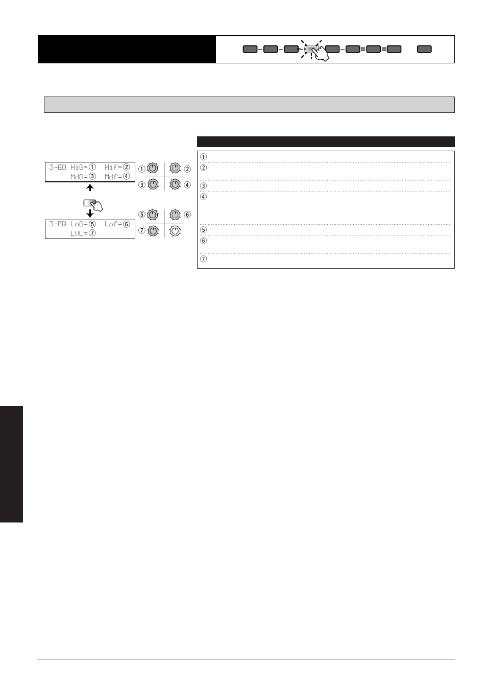 Eq module, Eq: 3-band equalizer, Eq hig= hif= mdg= mdf= 3-eq log= lof= lvl | Effect types and parameters | Zoom 8080 User Manual | Page 55 / 71