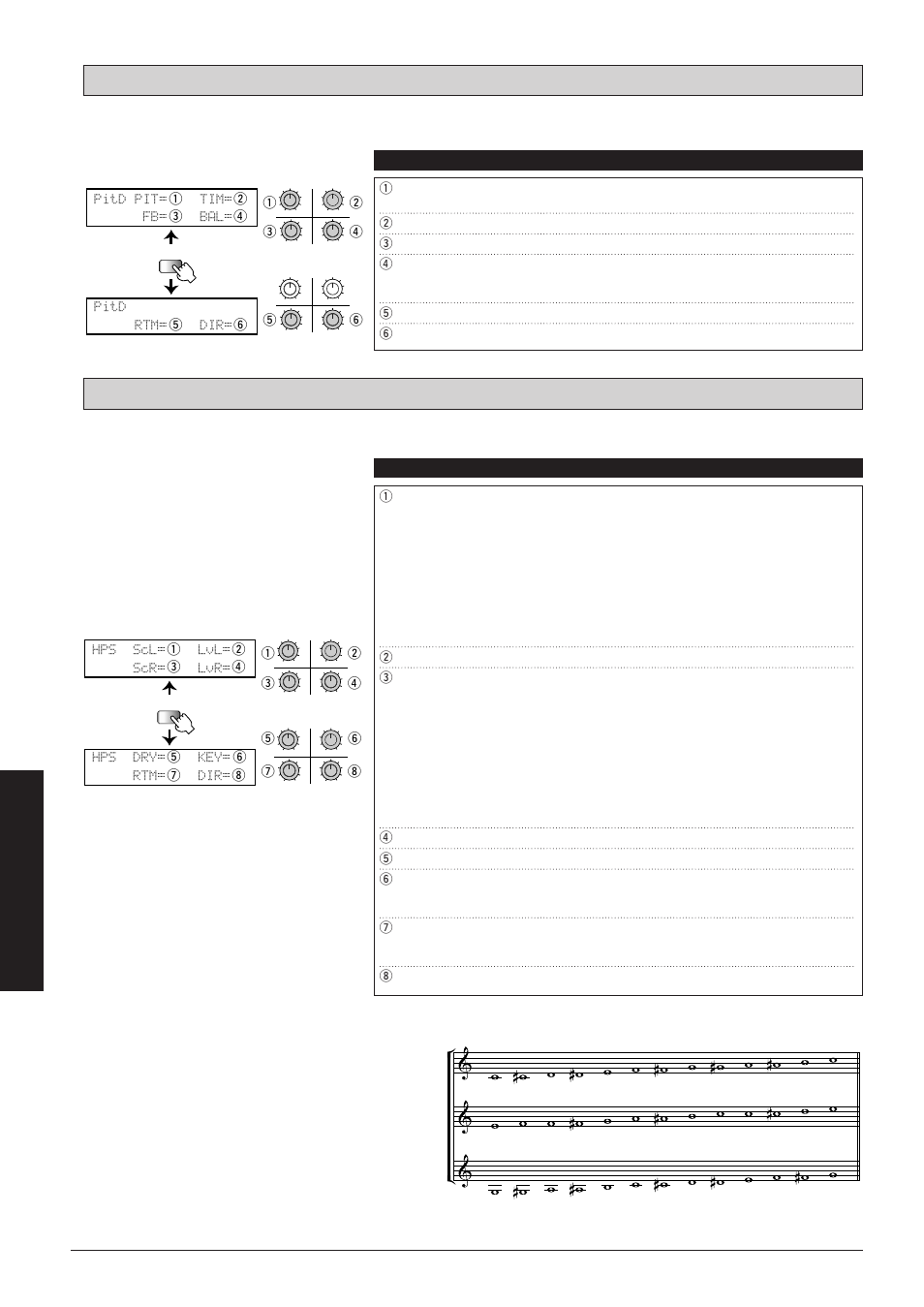 Pitd pit= tim= fb= bal= pitd rtm= dir, Hps scl= lvl= scr= lvr= hps dry= key= rtm= dir, Effect types and parameters | Parameters comment values, Examples | Zoom 8080 User Manual | Page 57 / 71