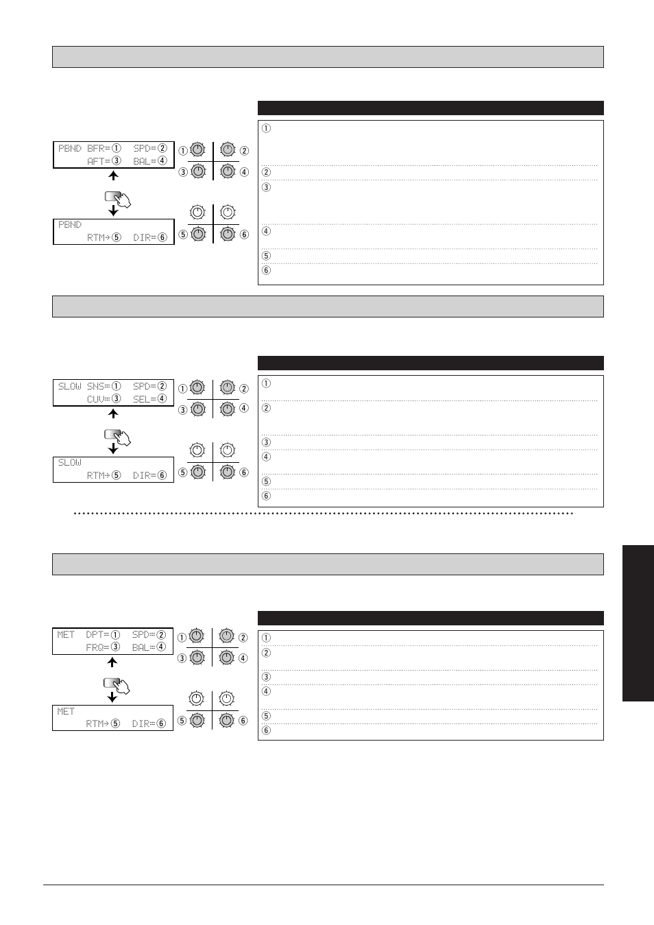 Met: metallic slow: slow attack pbnd: pitch bender, Slow sns= spd= cuv= sel= slow rtmå dir, Met dpt= spd= frq= bal= met rtmå dir | Pbnd bfr= spd= aft= bal= pbnd rtmå dir, Effect types and parameters, Parameters comment values | Zoom 8080 User Manual | Page 58 / 71