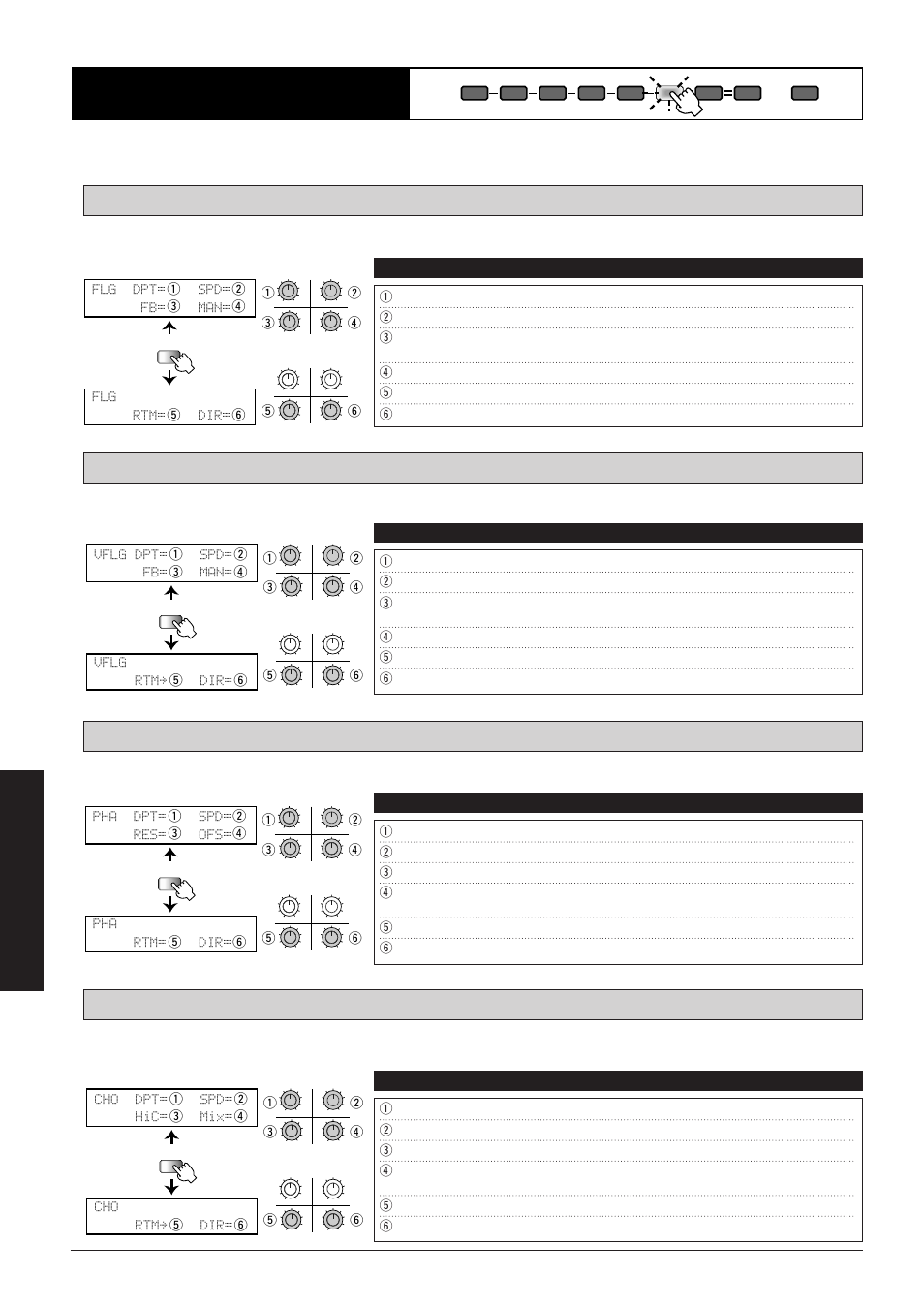 Eff3 module, Vflg dpt= spd= fb= man= vflg rtmå dir, Pha dpt= spd= res= ofs= pha rtm= dir | Cho dpt= spd= hic= mix= cho rtmå dir, Flg dpt= spd= fb= man= flg rtm= dir, Effect types and parameters, Parameters comment values | Zoom 8080 User Manual | Page 59 / 71