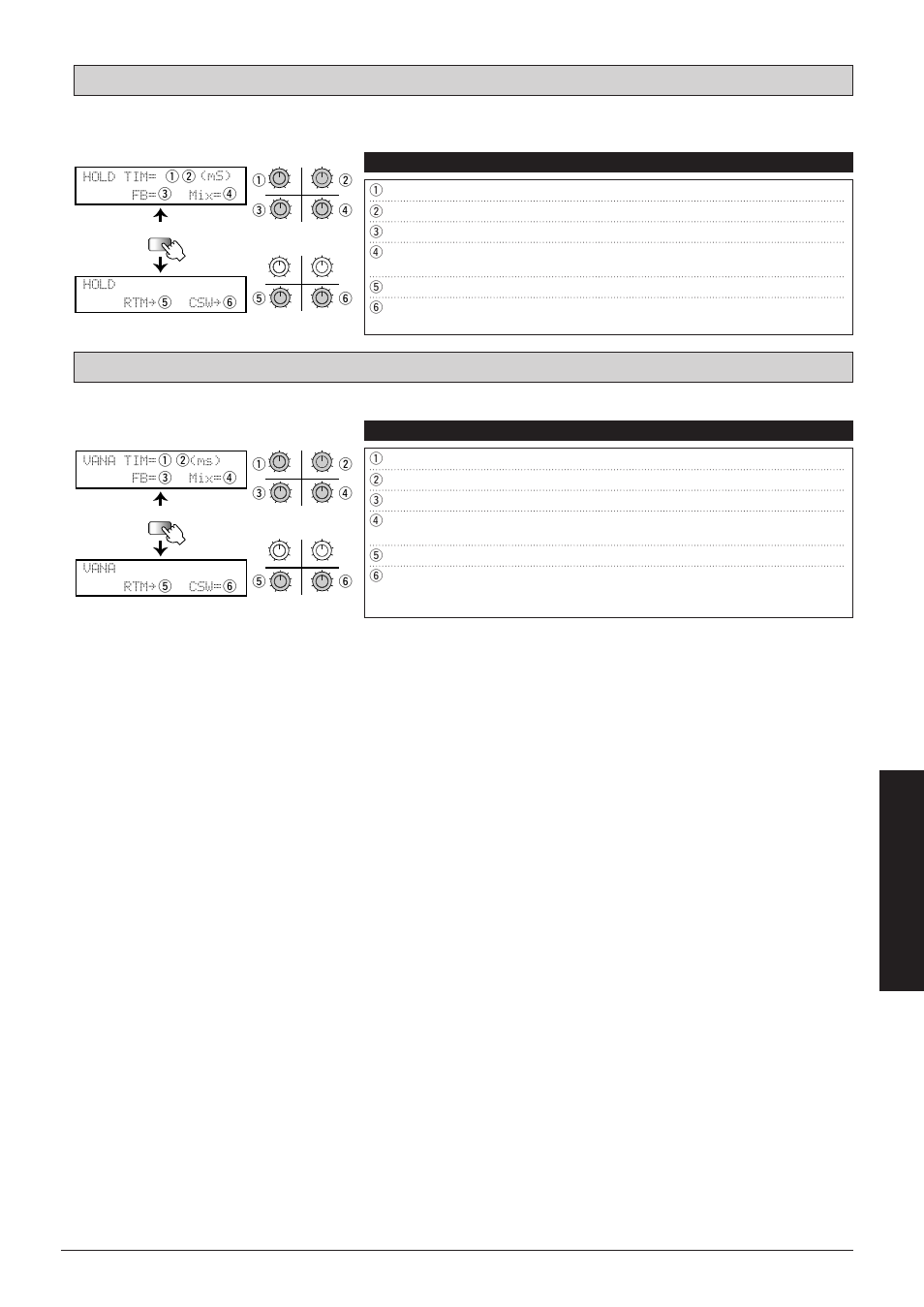 Vana: vintage analog delay hold: hold delay, Vana tim= (ms) fb= mix= vana rtmå csw, Hold tim= fb= mix= hold rtmå cswå | Effect types and parameters, Parameters comment values | Zoom 8080 User Manual | Page 62 / 71