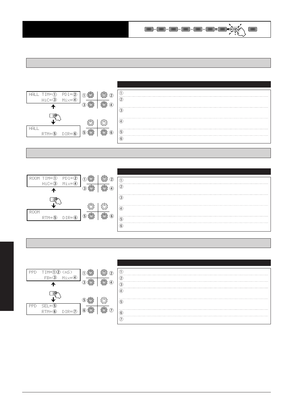 Rev (reverb) module, Room tim= pdl= hic= mix= room rtmå dir, Ppd tim= (ms) fb= mix= ppd sel= rtmå dir | Hall tim= pdl= hic= mix= hall rtmå dir, Effect types and parameters, Parameters comment values | Zoom 8080 User Manual | Page 63 / 71