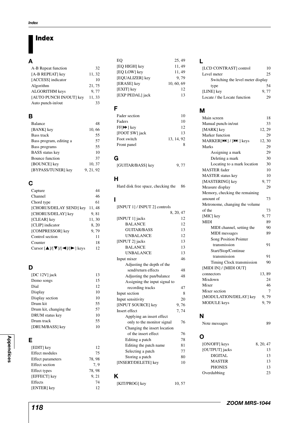 Index | Zoom MRS-1044 User Manual | Page 118 / 120