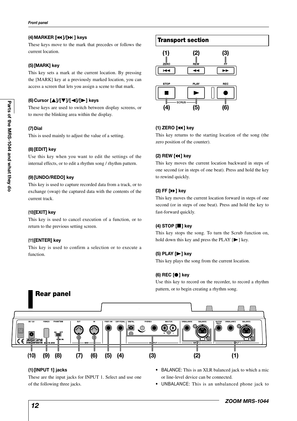 Rear panel | Zoom MRS-1044 User Manual | Page 12 / 120