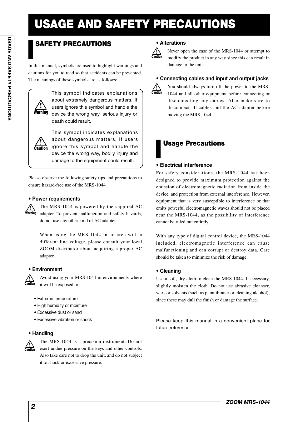 Usage and safety precautions, Safety precautions, Usage precautions | Zoom MRS-1044 User Manual | Page 2 / 120