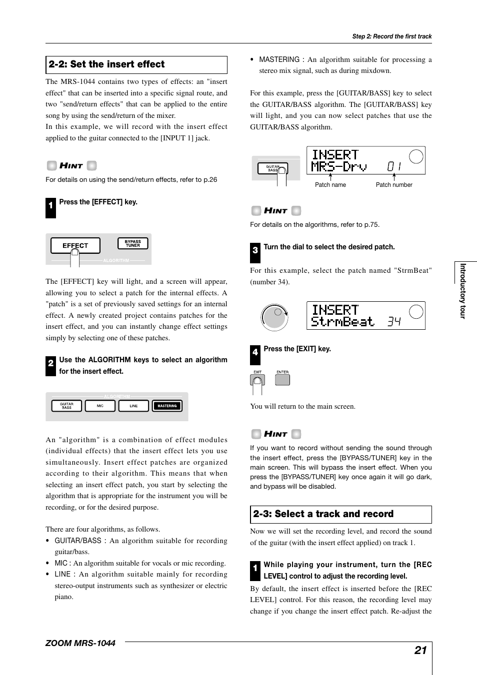 3: select a track and record, 2: set the insert effect | Zoom MRS-1044 User Manual | Page 21 / 120