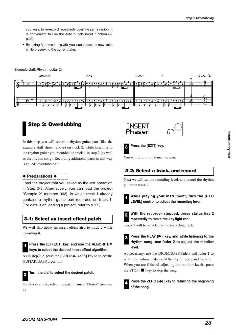 Step 3: overdubbing, 2: select a track, and record, 1: select an insert effect patch | Zoom MRS-1044 User Manual | Page 23 / 120