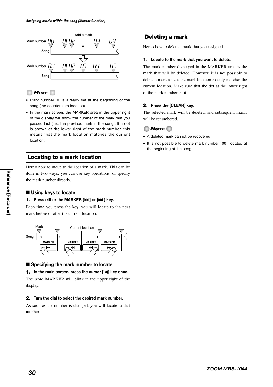 Deleting a mark, Locating to a mark location | Zoom MRS-1044 User Manual | Page 30 / 120