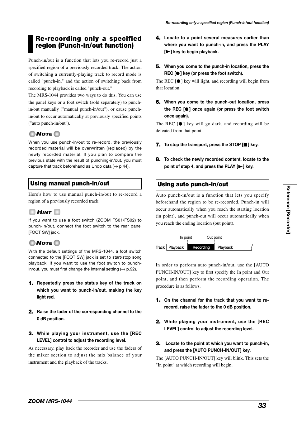 Using auto punch-in/out, Using manual punch-in/out | Zoom MRS-1044 User Manual | Page 33 / 120